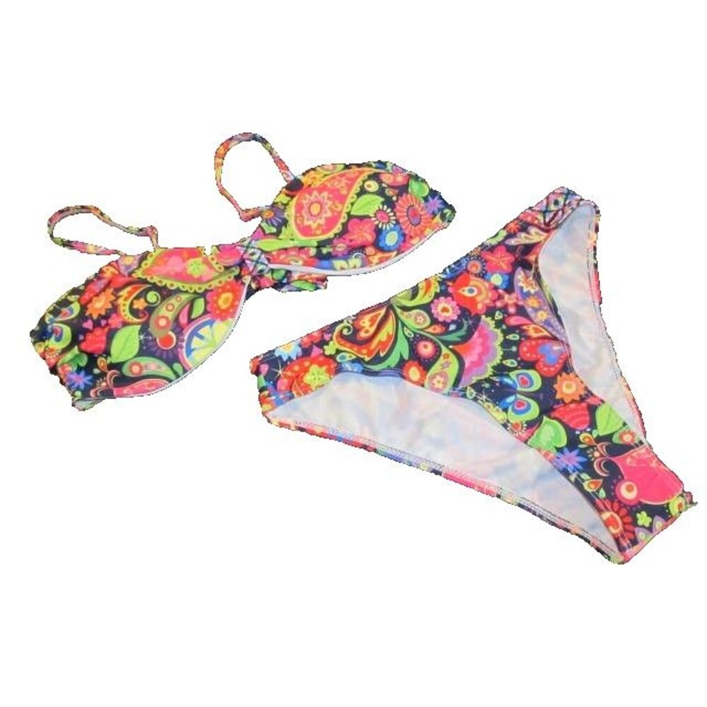 Boho Groovy Peace Sign Bikini Set Juniors Large Multi‑Color Two‑Piece Swim NWT